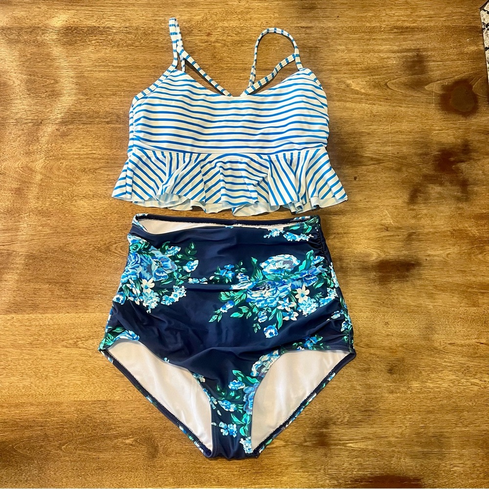 COCOSHIP Blue & White Striped Floral High Waisted Two-Piece Bathing Suit Small 6